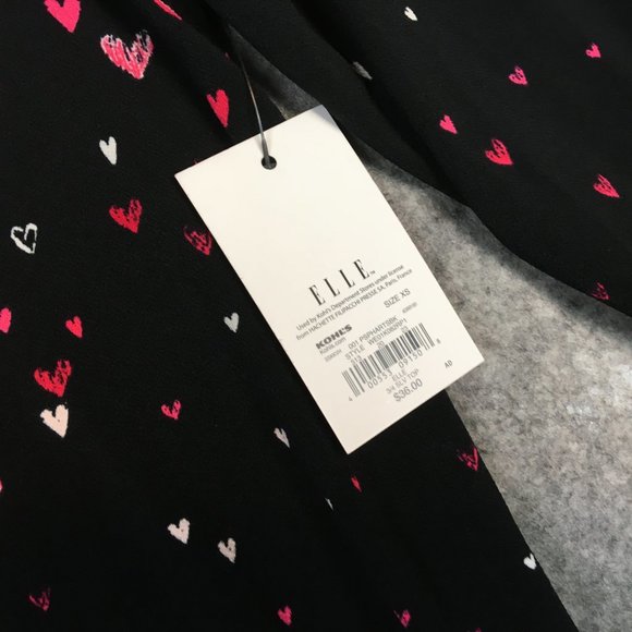 Elle Top XS Blouse Career Heart Print Crepe Black Accordion Pleat Sleeves Pink - Picture 7 of 13